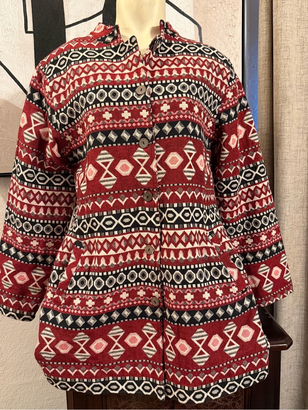 Sacred Threads Red, Black & Cream Tribal Button-Up Jacket